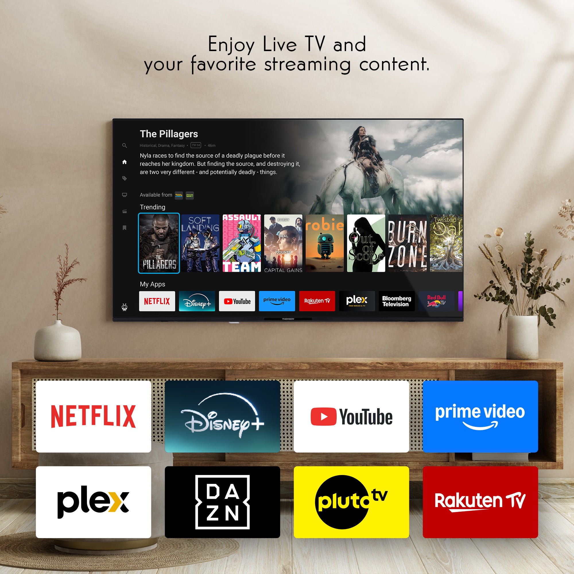 Smart TV displaying streaming platforms with logos below