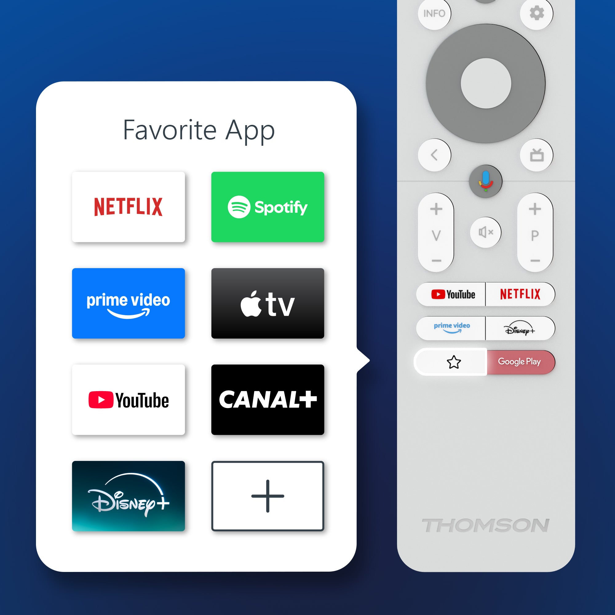 Remote control with app icons on a blue background