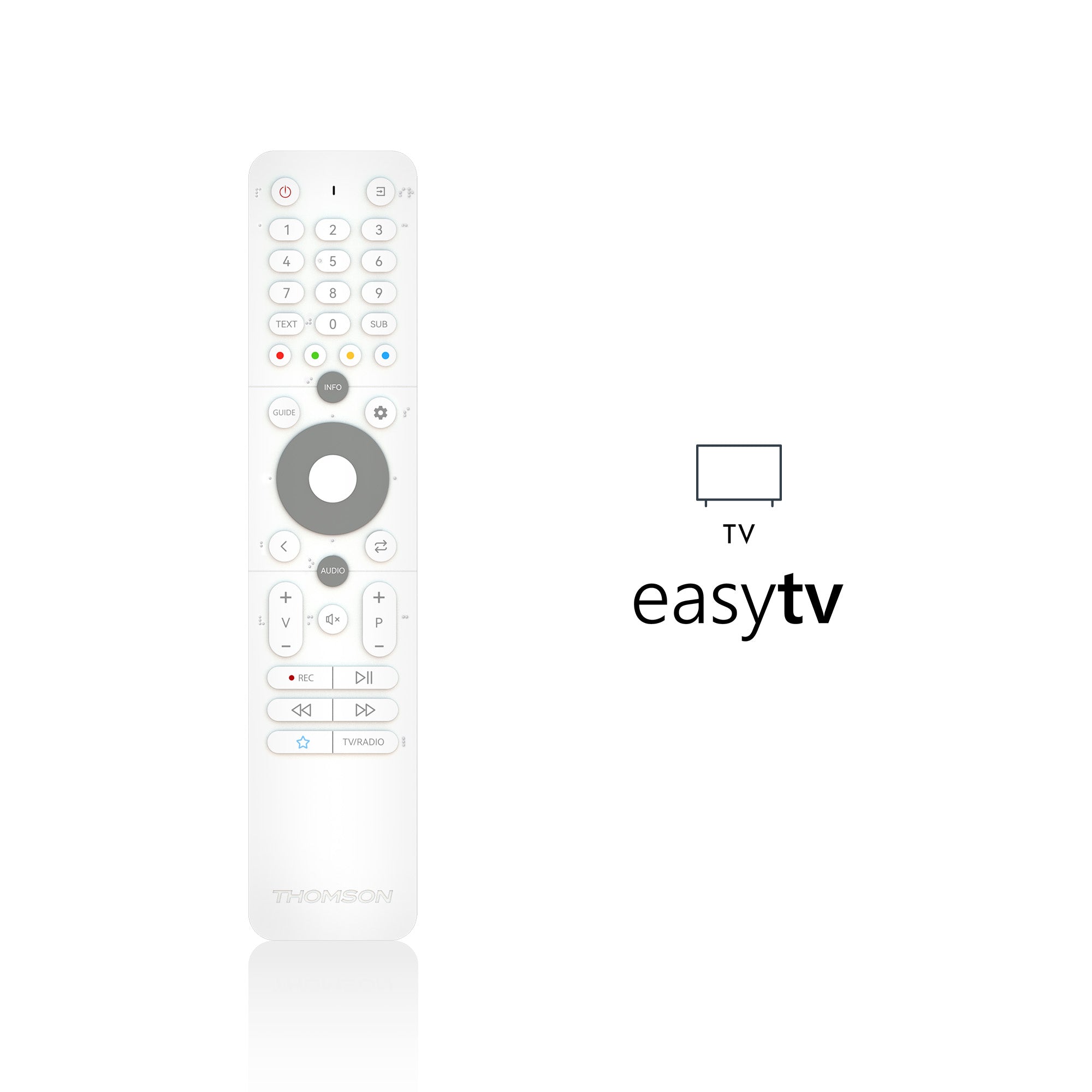 White remote control with 'easyTV' branding on a white background