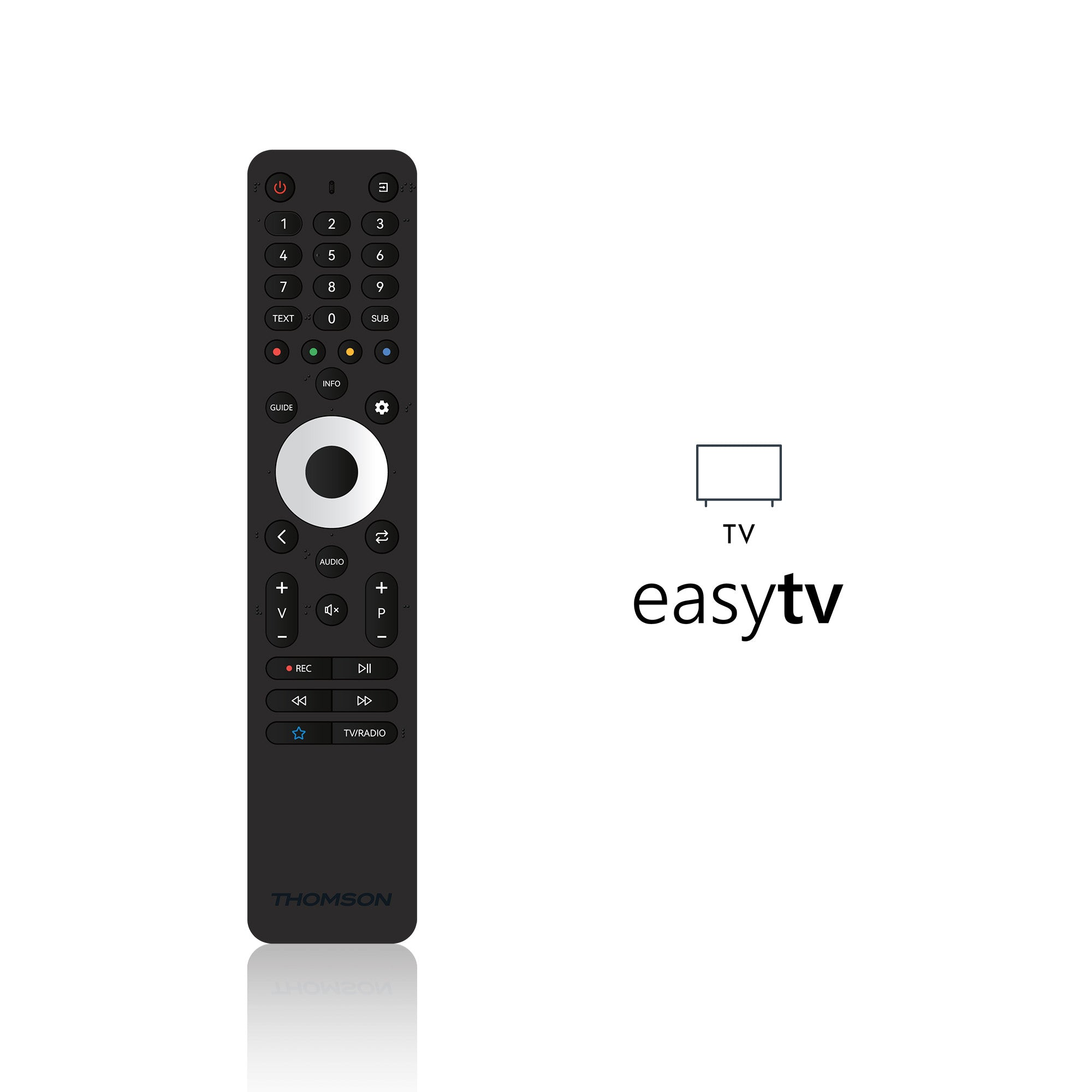Black remote control with 'easyTV' branding on a white background