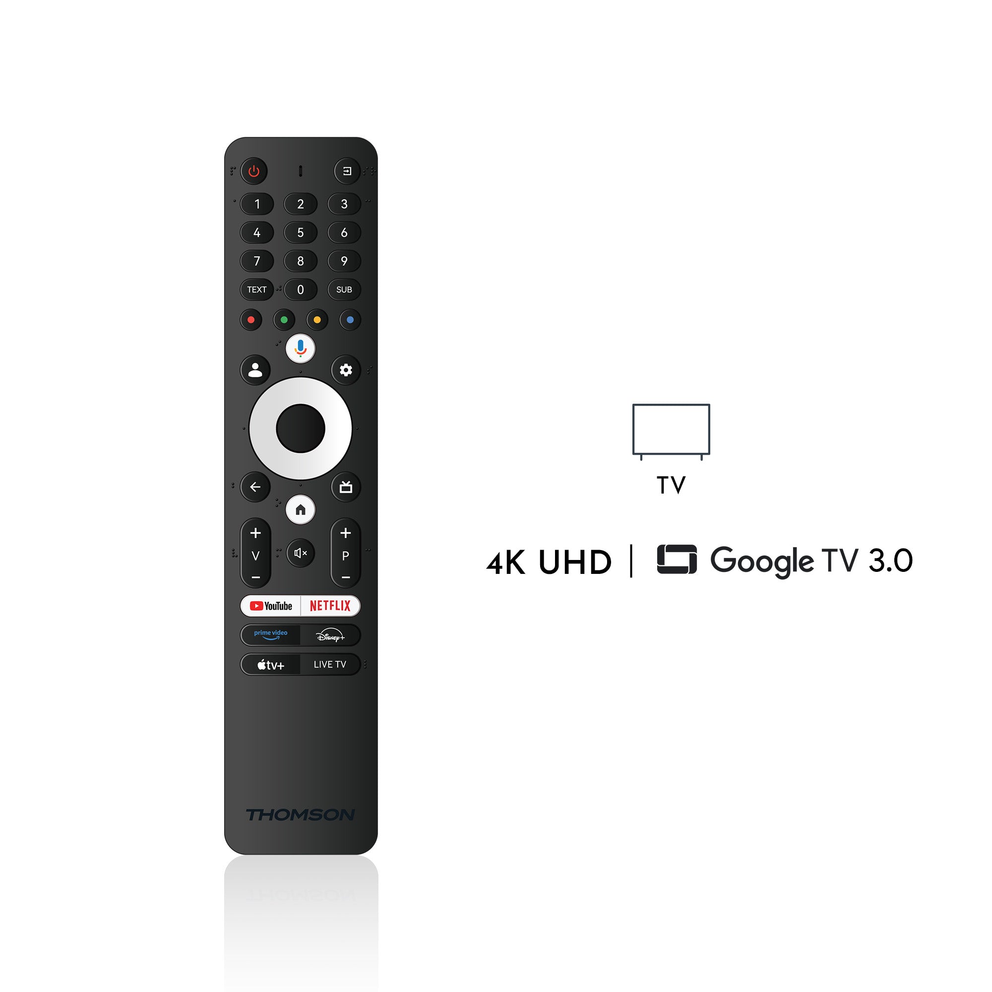 Black remote control with 4K UHD and Google TV 3.0 features on a white background