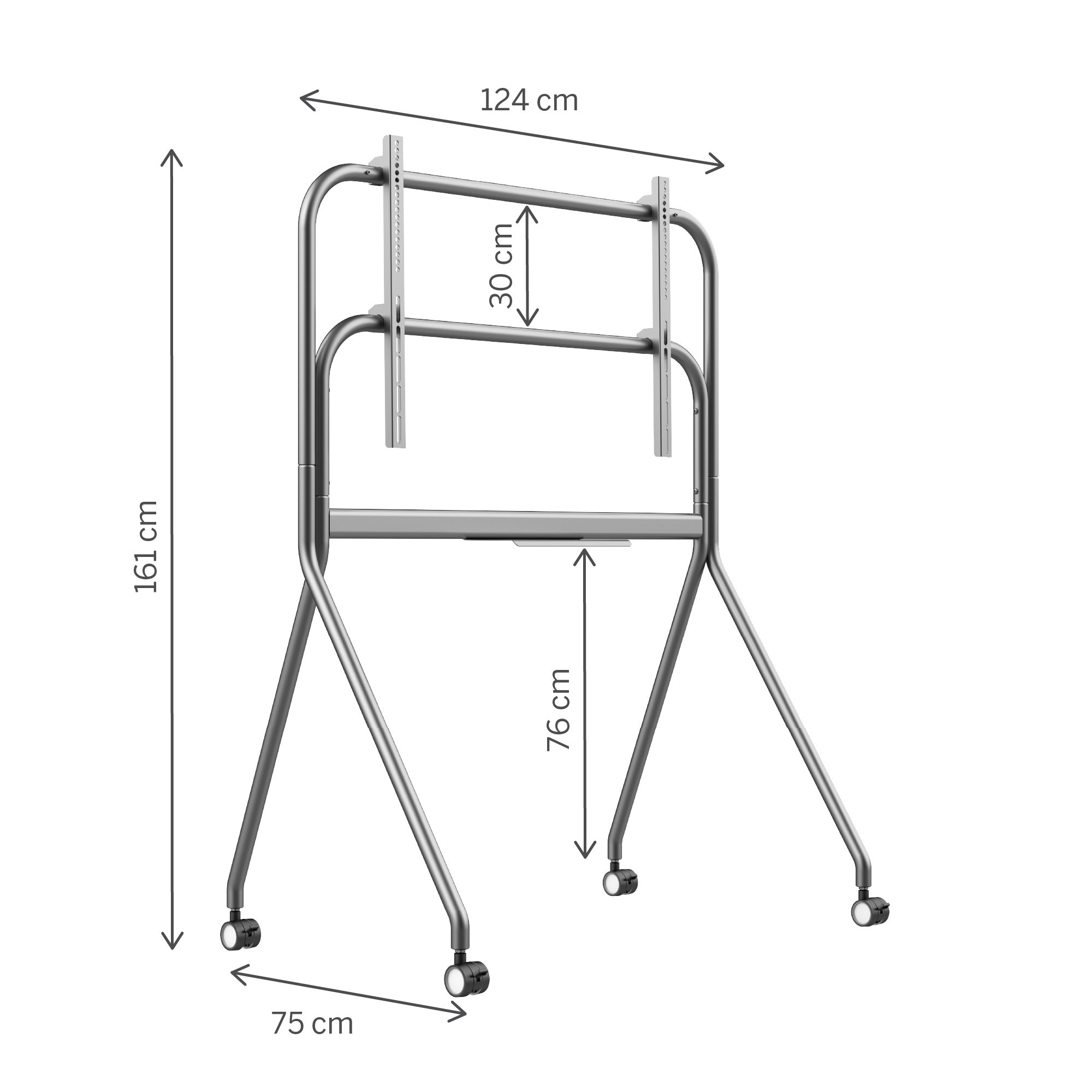 Measurement chart of a metal stand with dimensions labeled on a white background