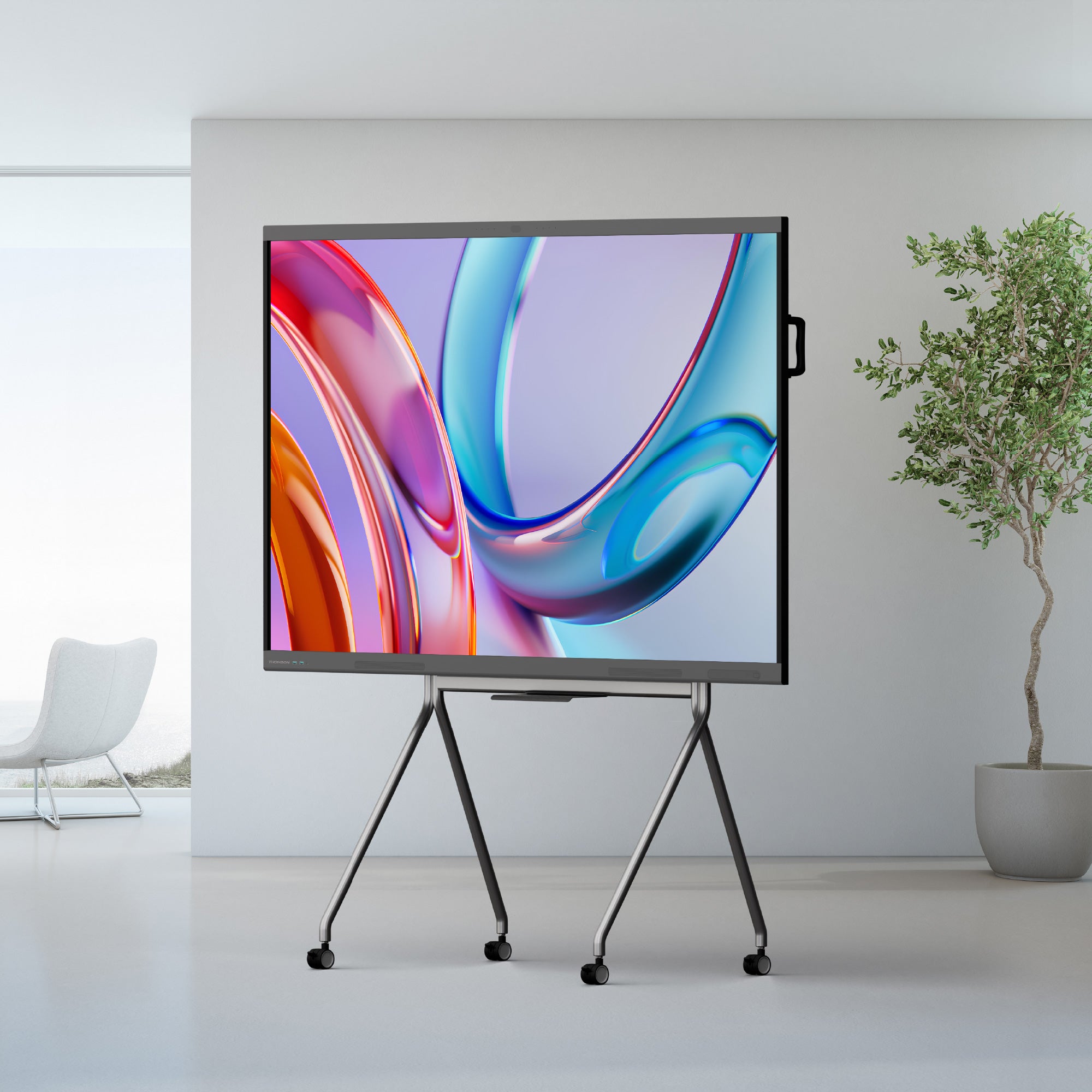 Smart display on a stand with colorful abstract design in a modern room.