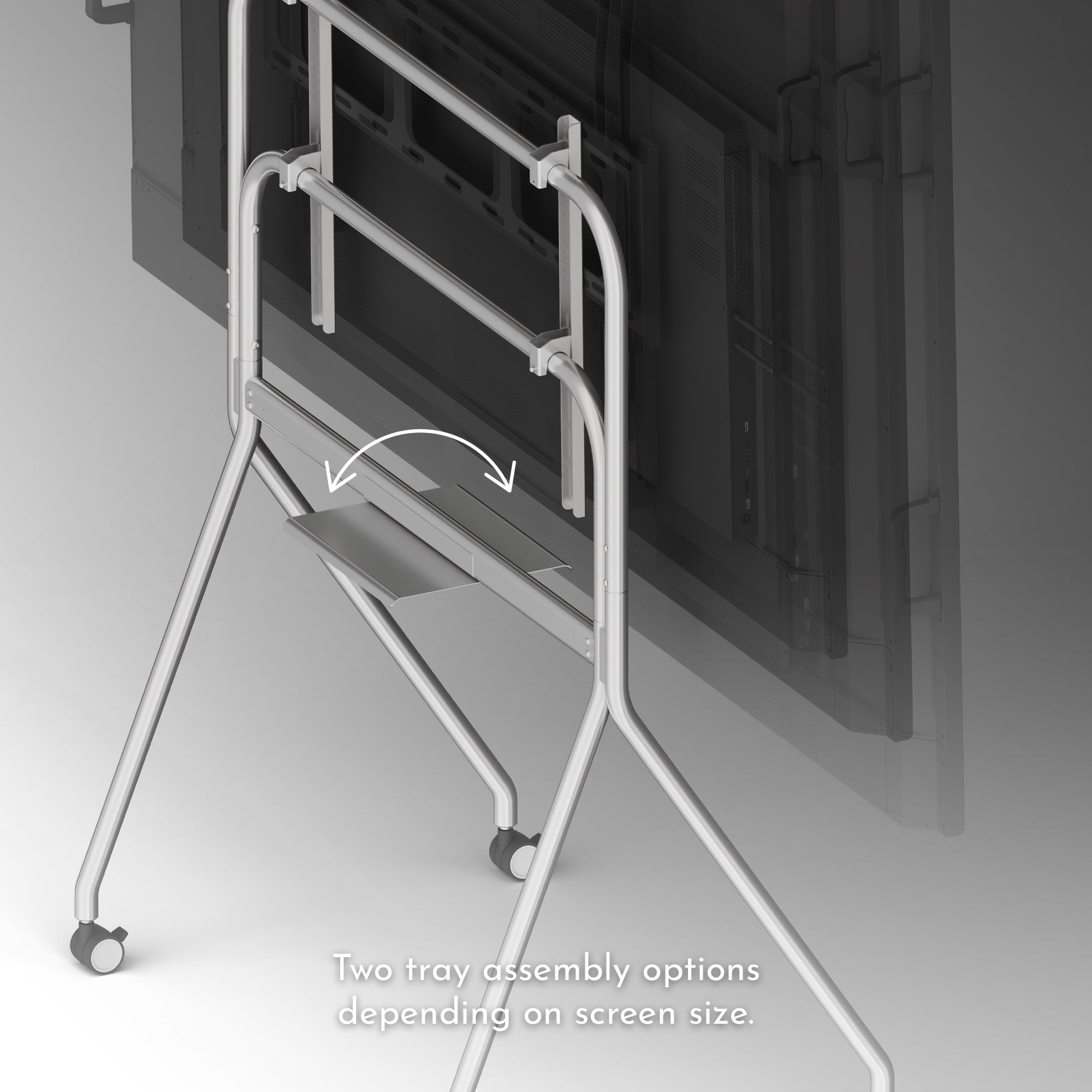 TV stand with two tray assembly options for different screen sizes.