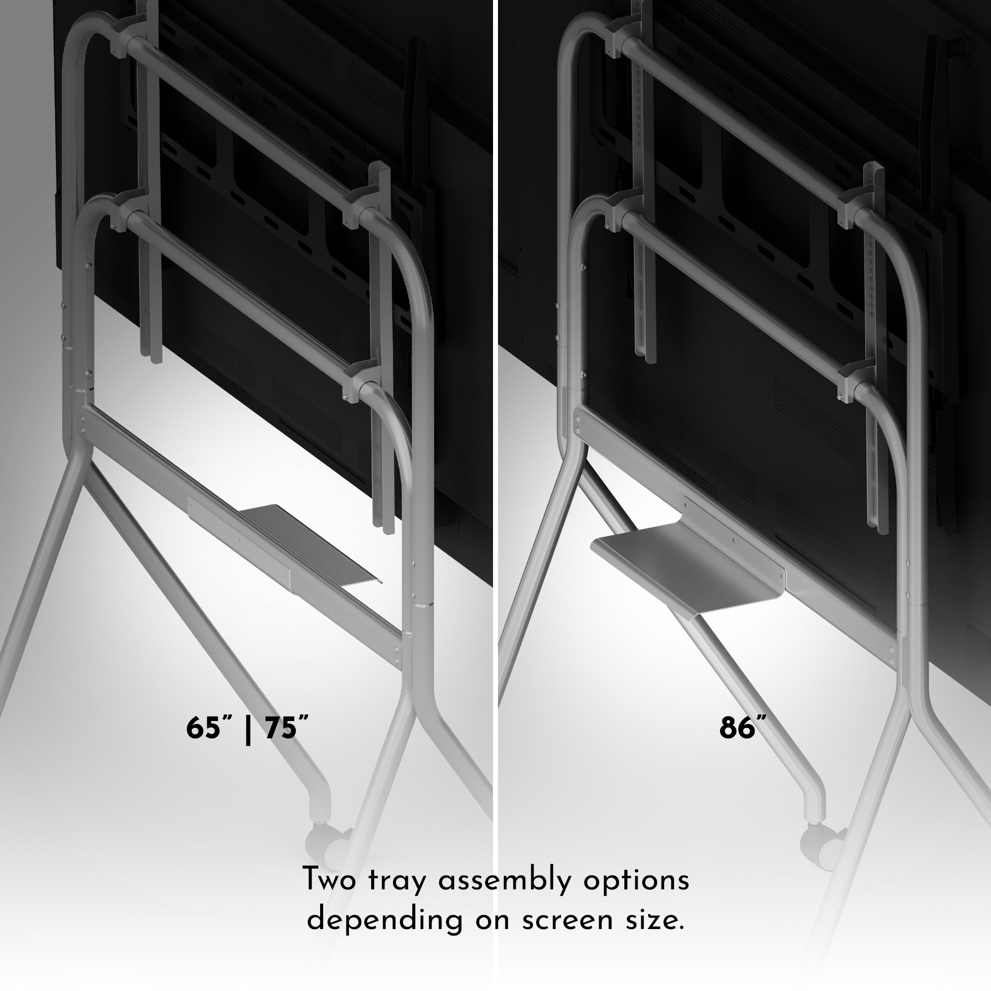 Two tray assembly options for a screen with measurements indicated.