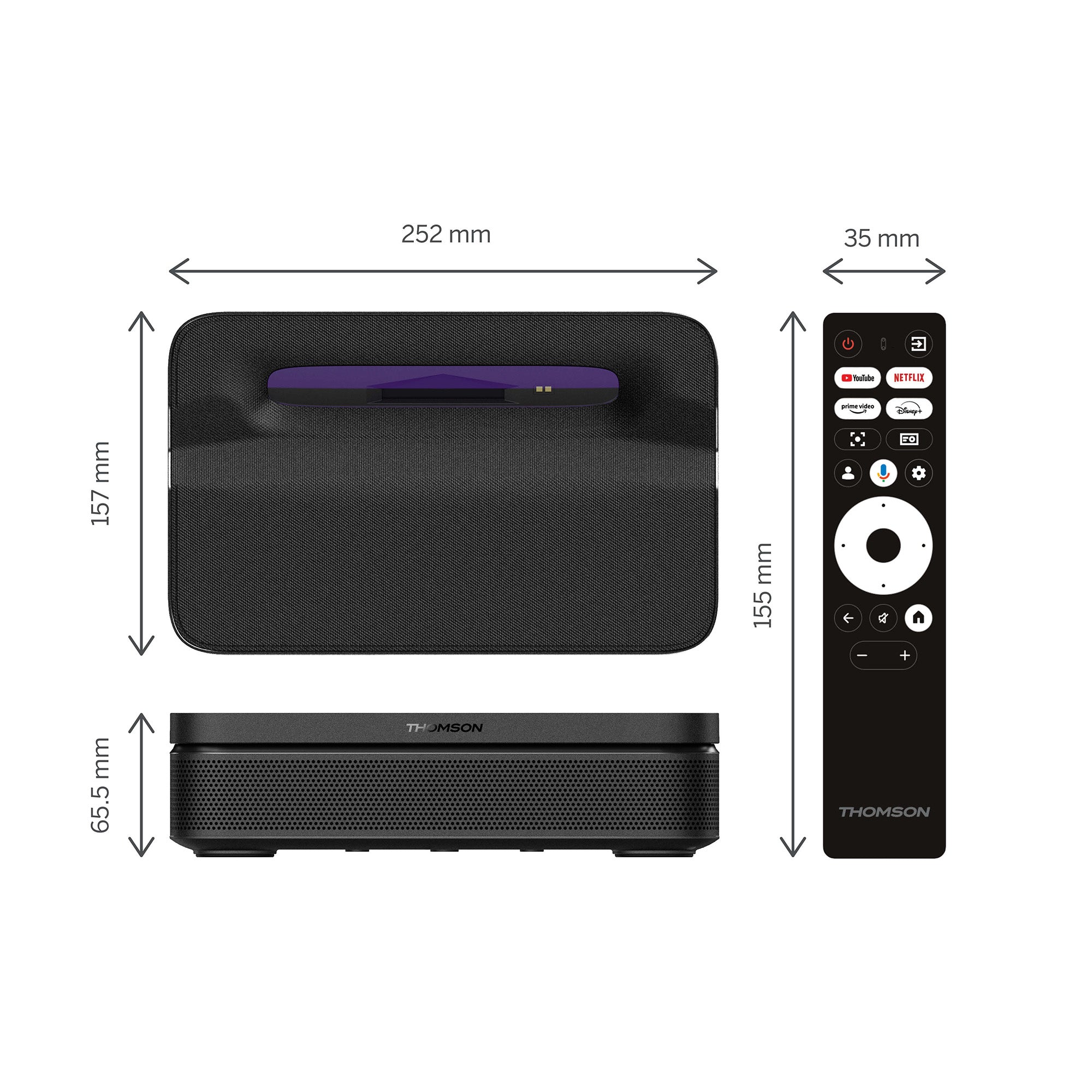 Black electronic device with remote control and dimensions labeled