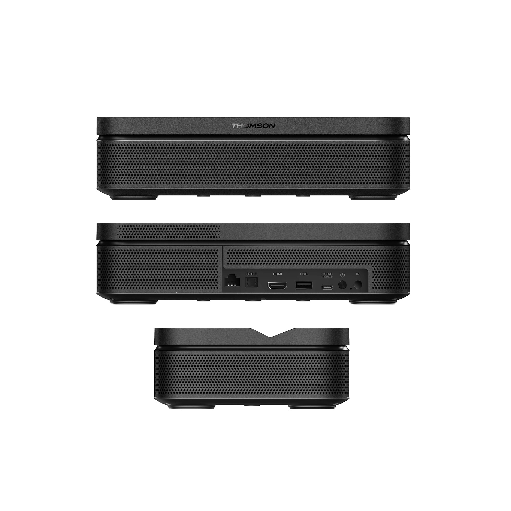 Three black electronic devices stacked on a white background, with 'Thomson' branding.