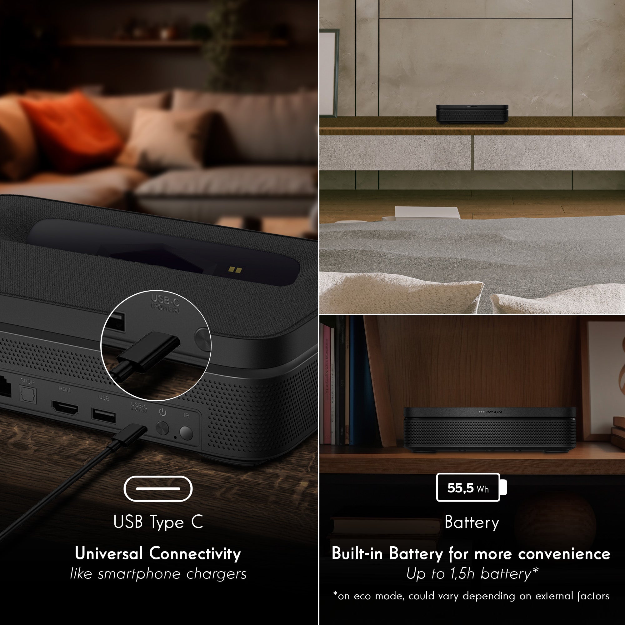 Thomson Sirius projector with USB type C connectivity and battery information in a home setting.