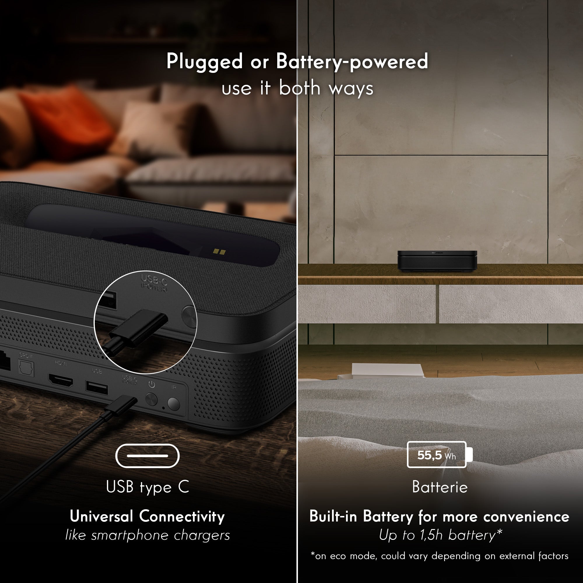 Thomson Sirius projector with USB type C connectivity and battery information in a home setting.