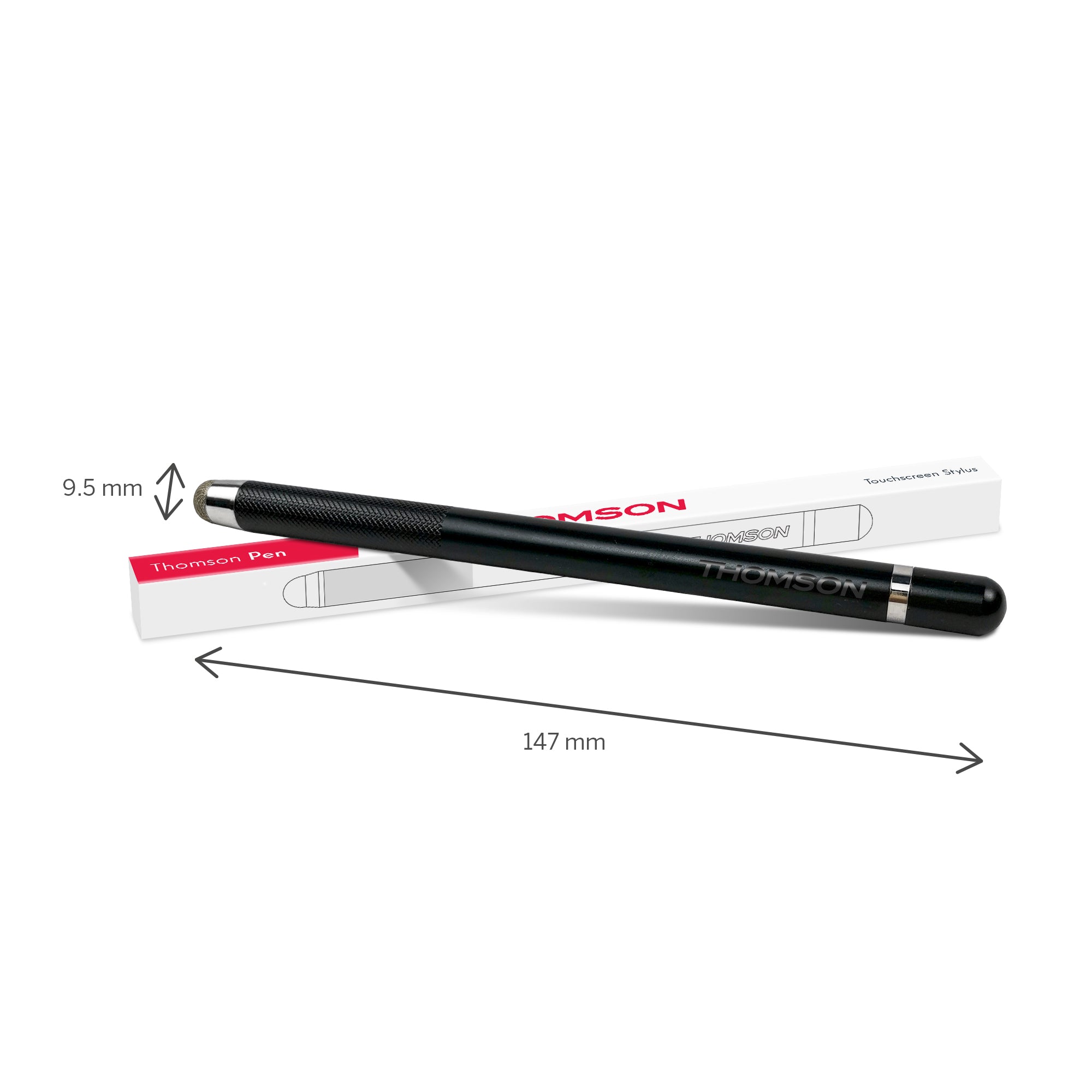 Black pen with measurements and Thomson branding on a white background
