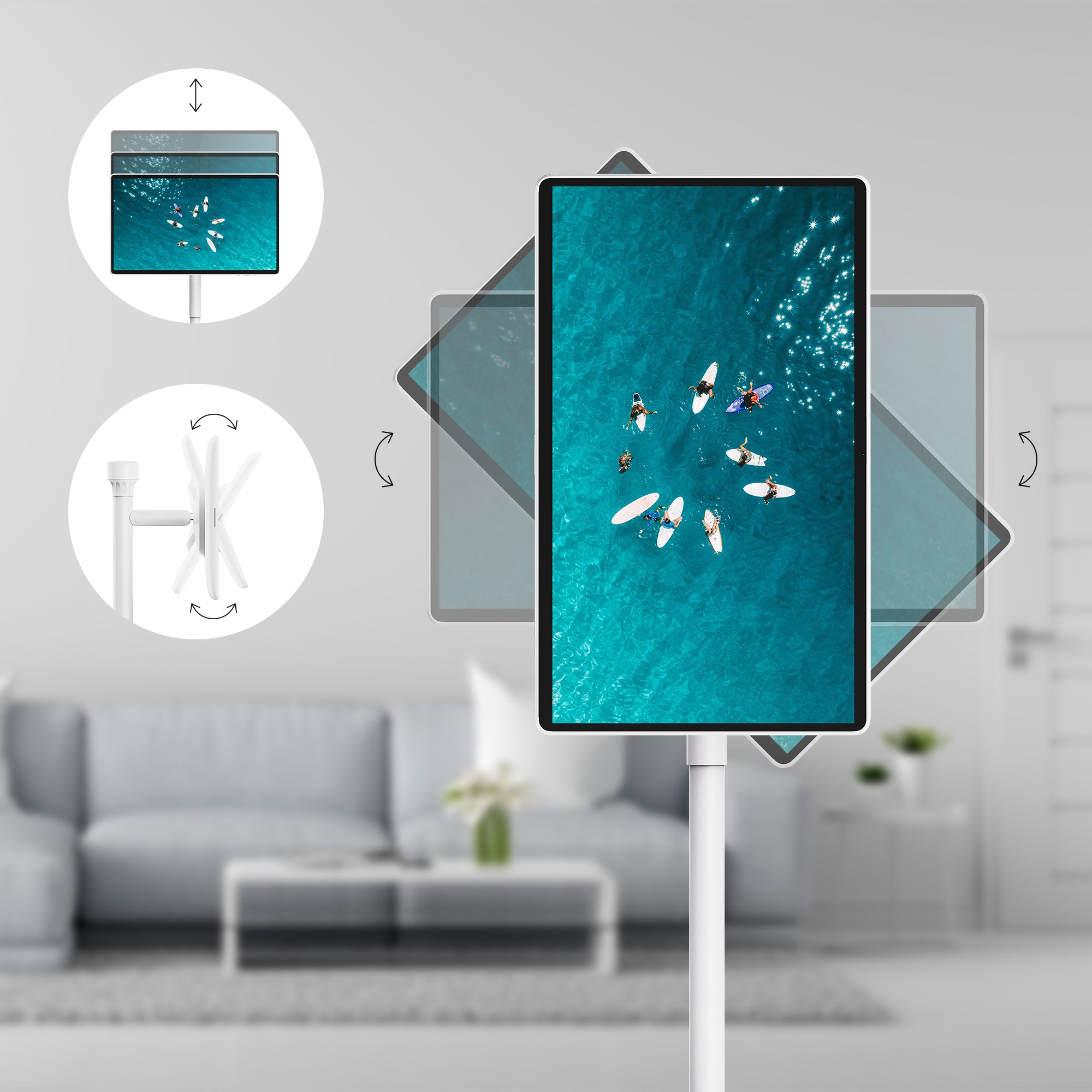 Smart display with a scenic view of boats on water with a living room background.