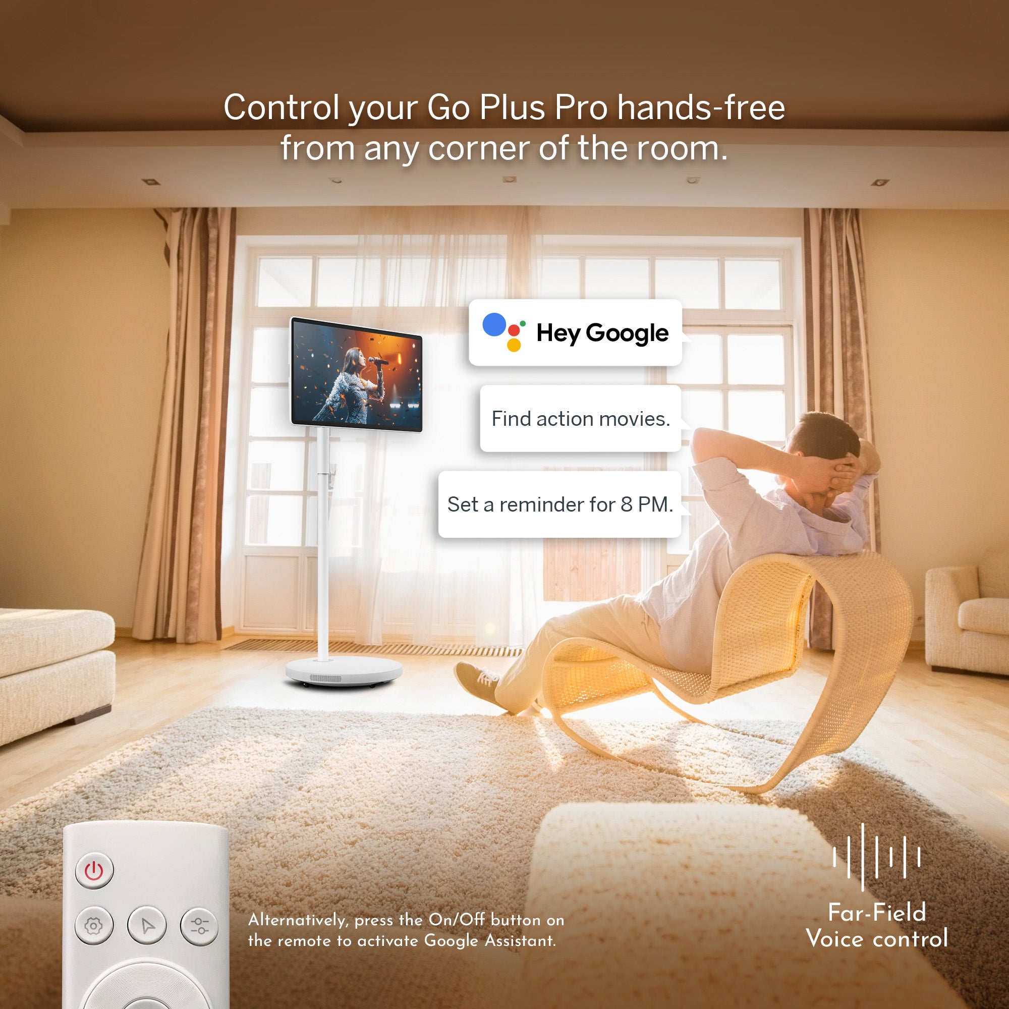 Living room with a TV and person using a remote control, featuring Google Assistant interface.