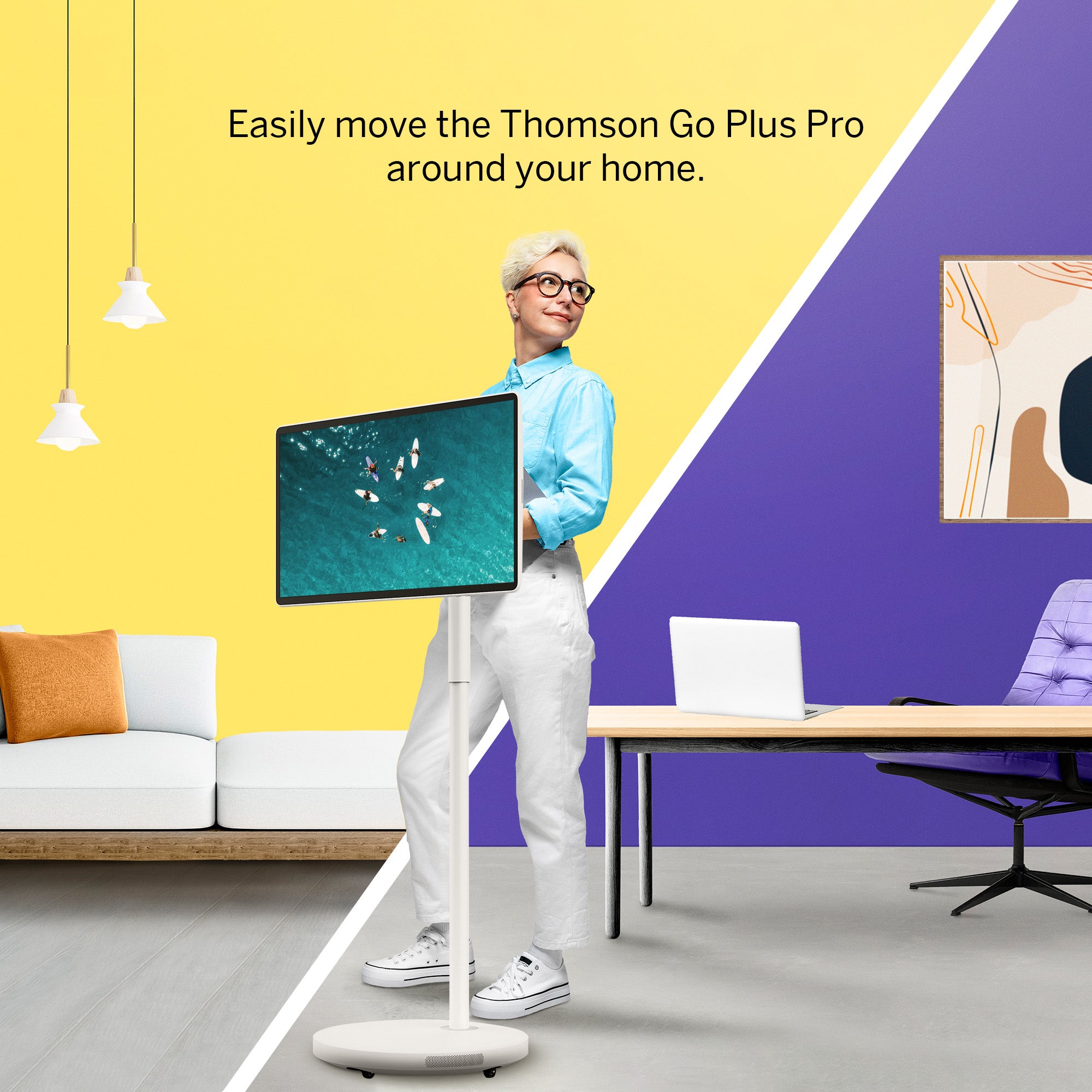 Woman holding a screen with text about moving the Thomson Go Plus Pro around your home, set against a yellow and purple background.