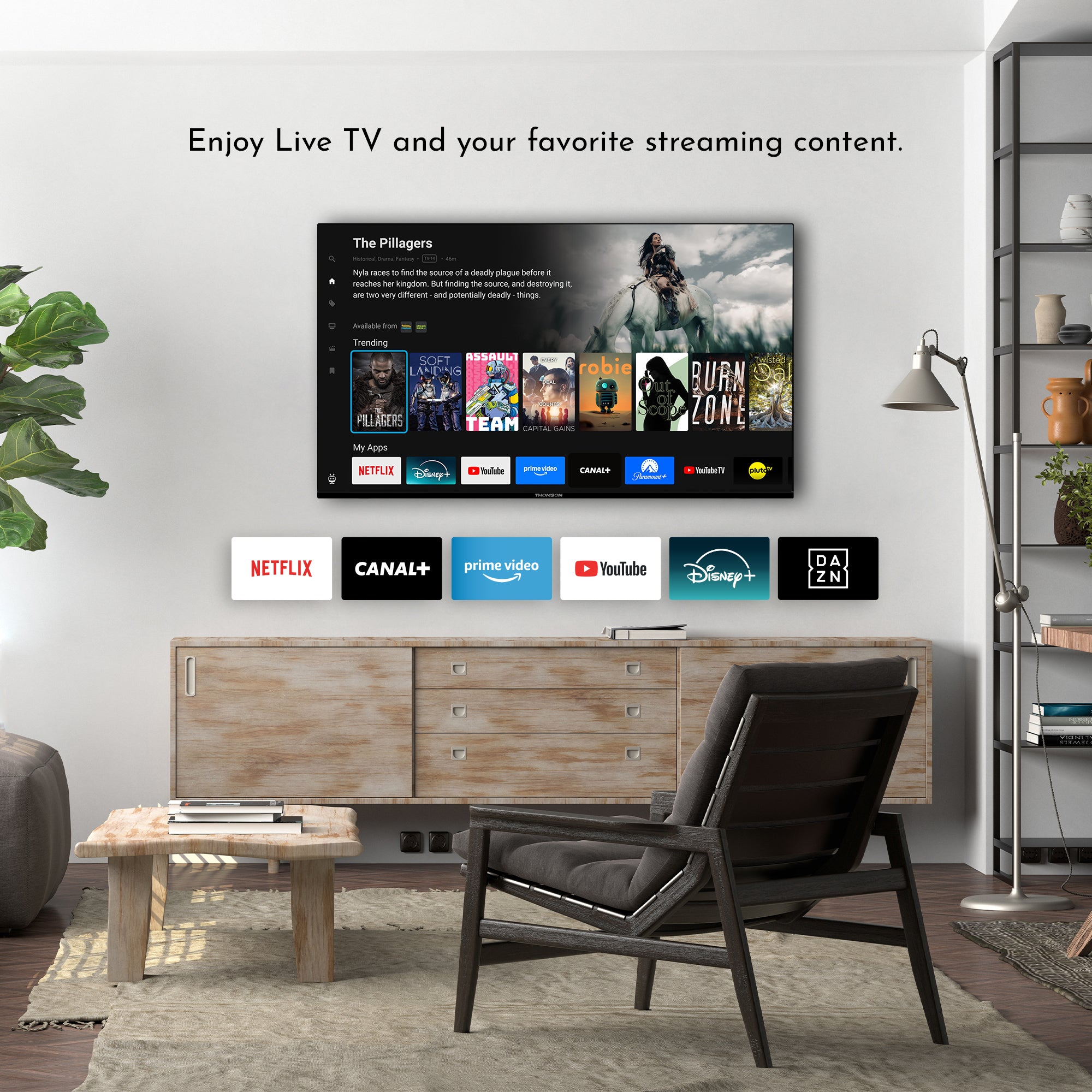 Living room with a TV displaying streaming services and a comfortable chair.