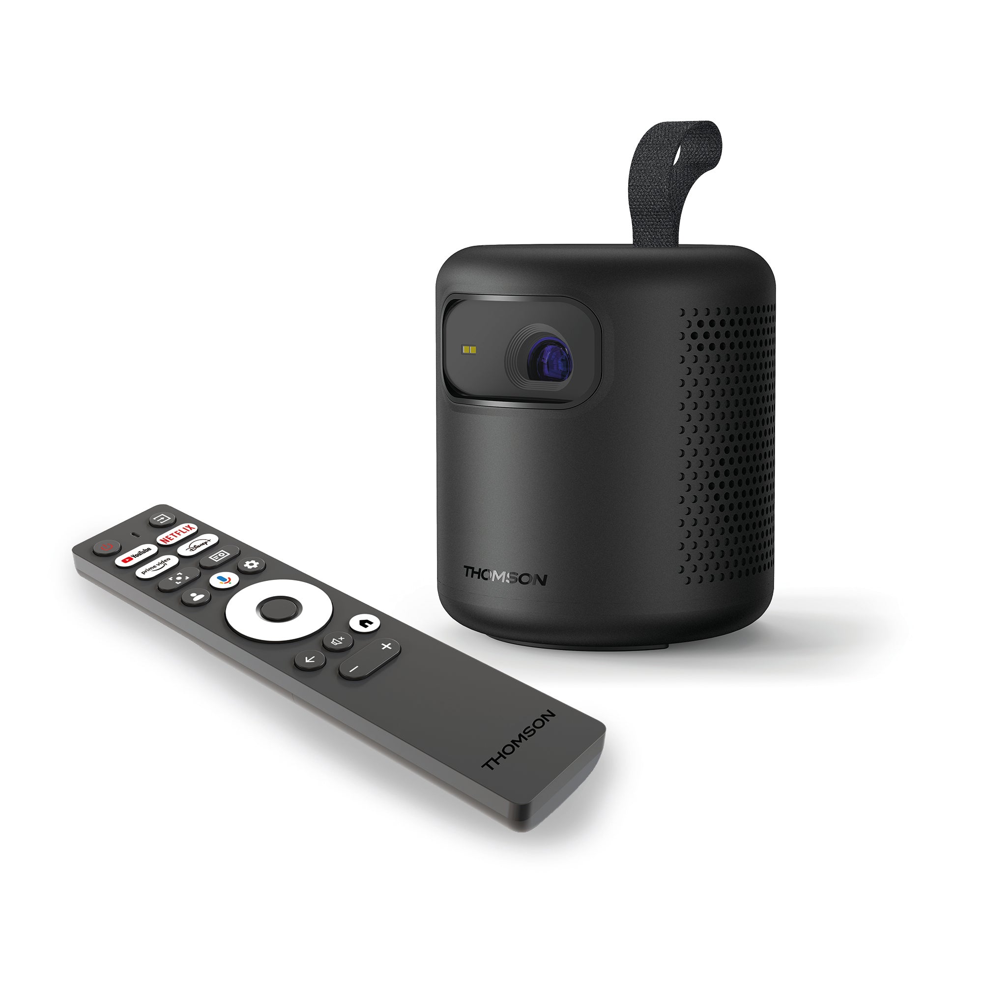 Black portable projector with remote control on a white background