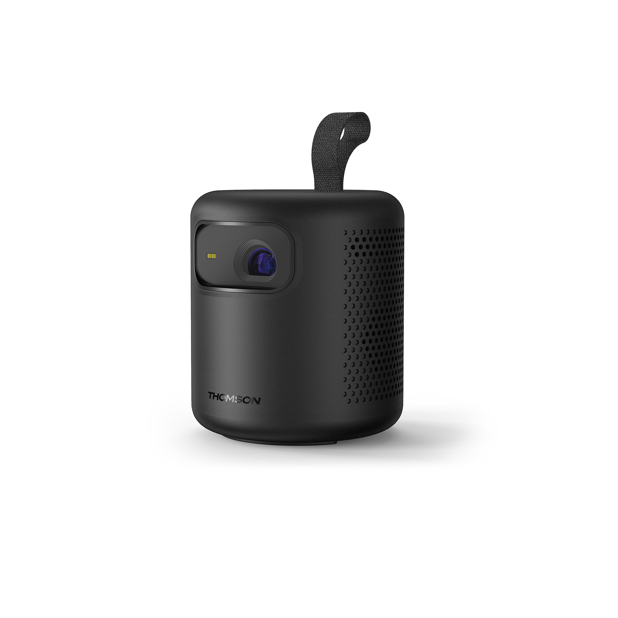 Black Thomson Vega portable projector with lens on a white background