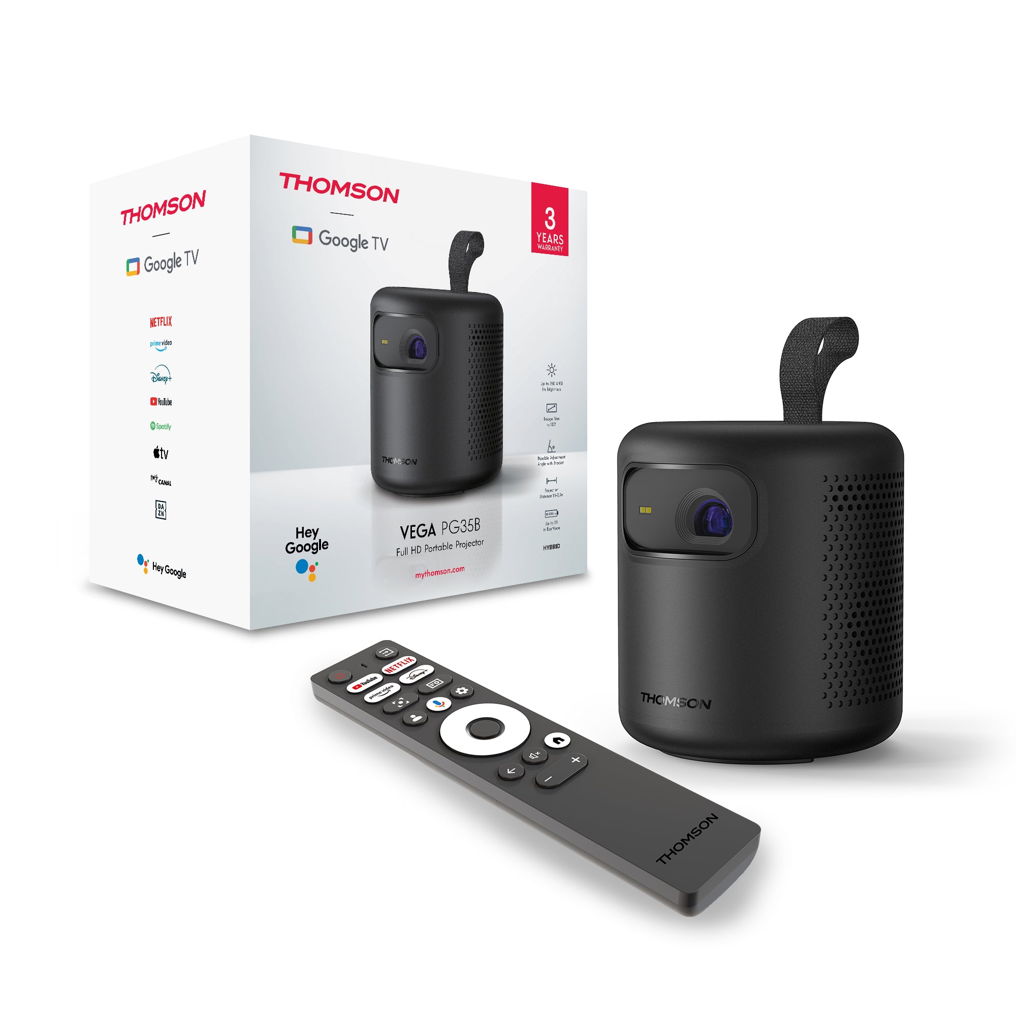 Black Thomson TV player with remote control and packaging on a white background