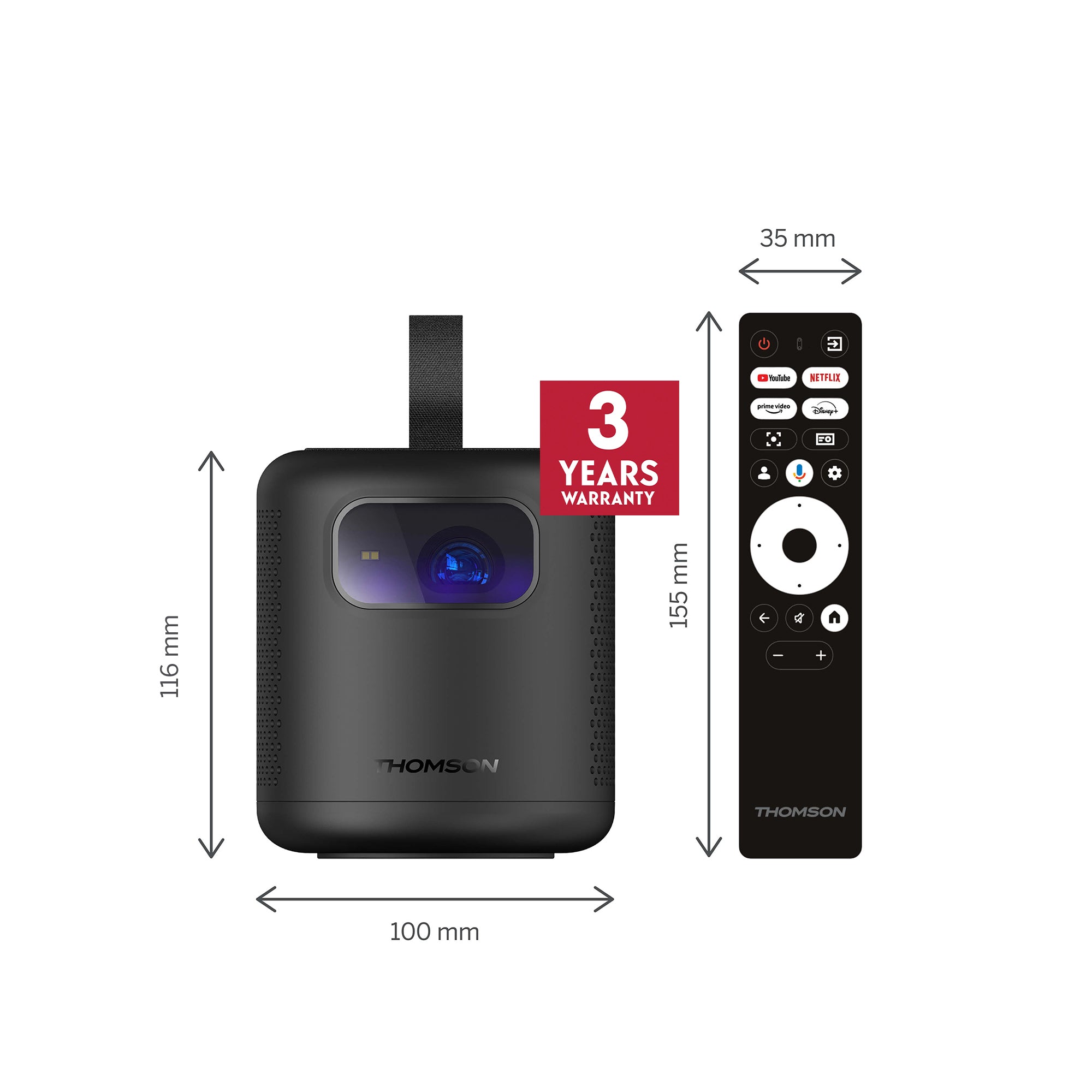 Thomson portable device with remote control and dimensions on a white background