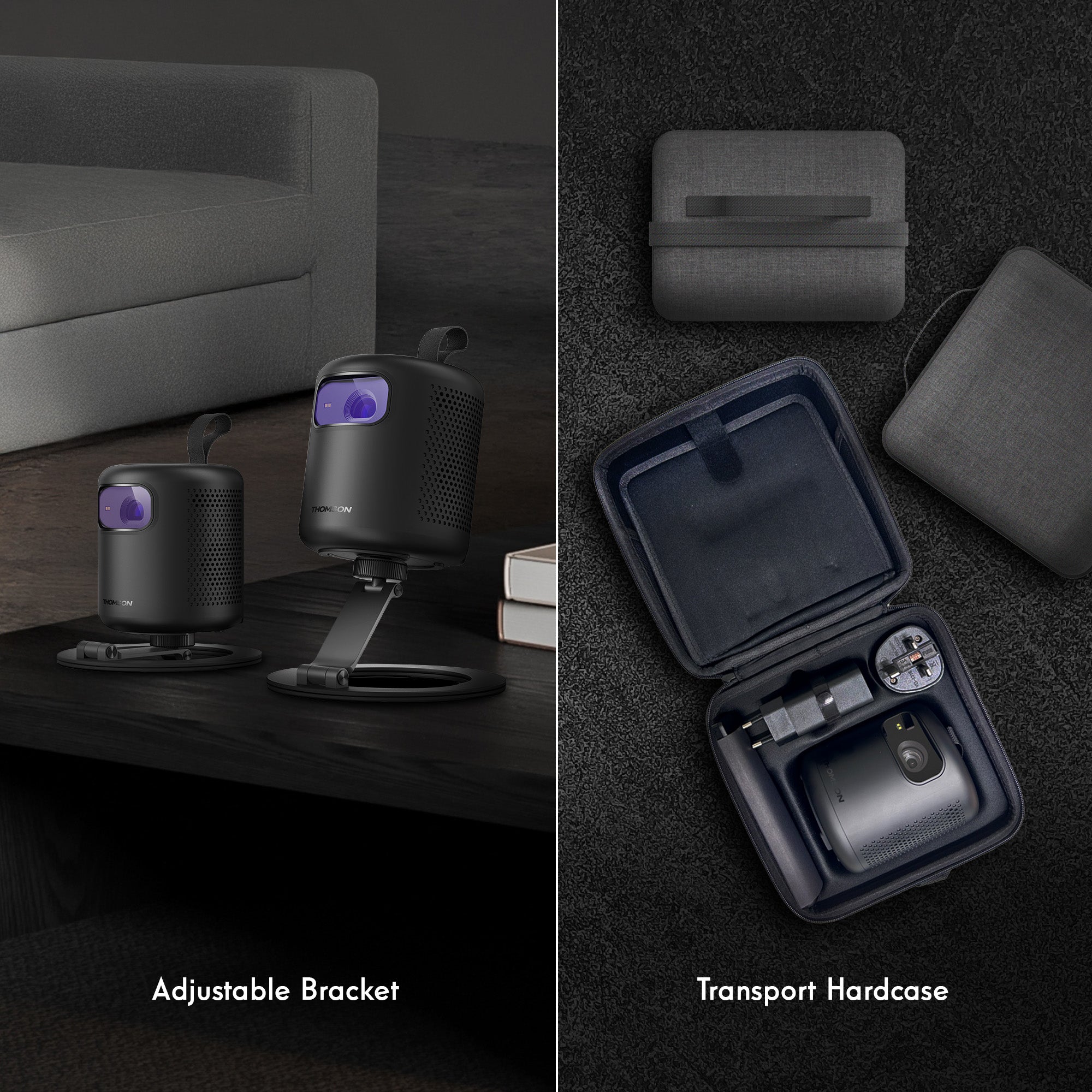 Two product images showing an adjustable bracket and a transport hardcase on a dark surface for the Thomson Vega projector.