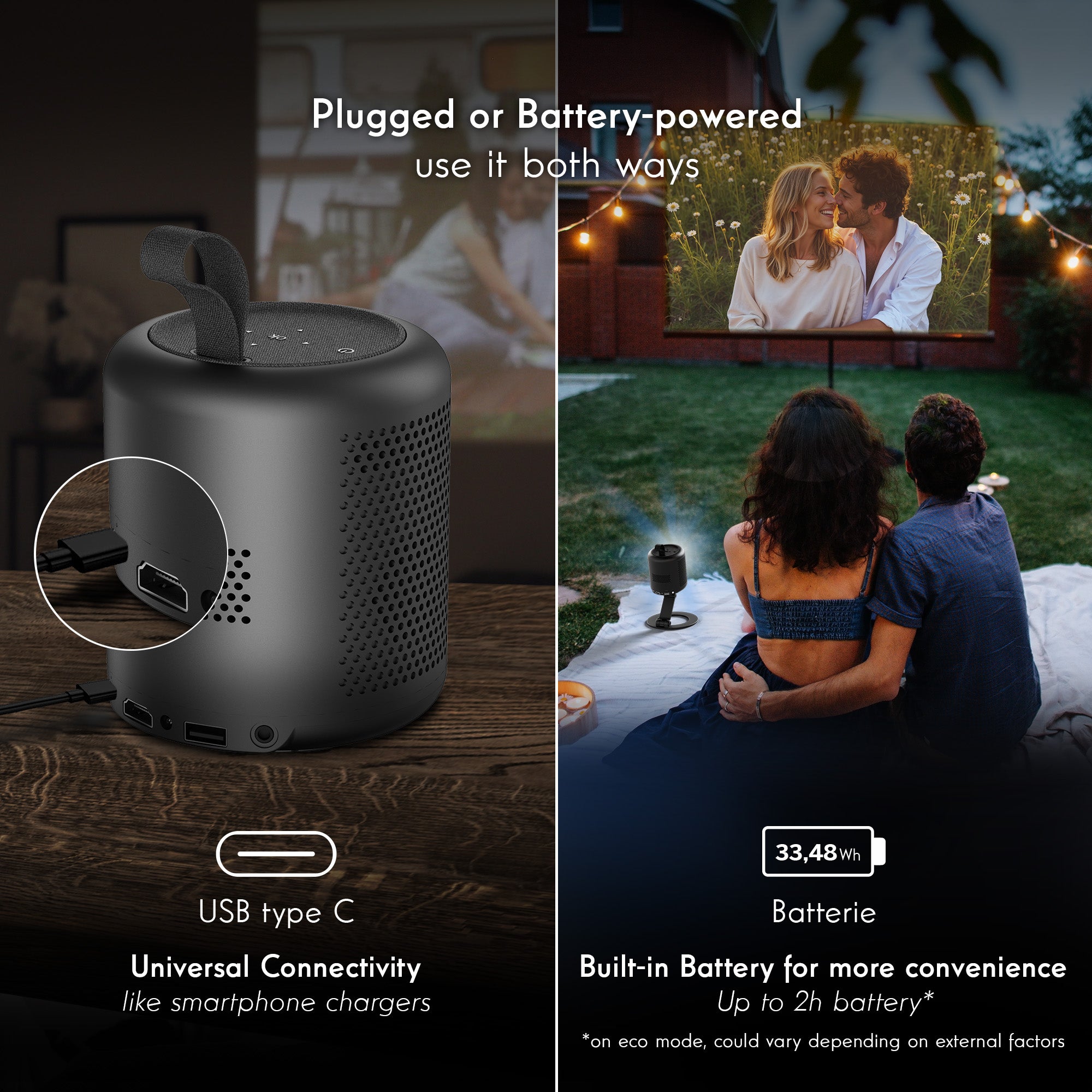 Thomson Vega portable projector with USB type C connection and battery power display, used outdoors by a couple.