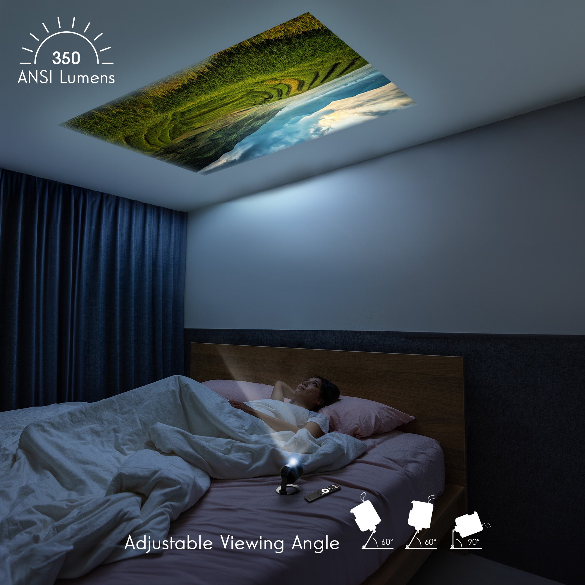 Person lying in bed watching a scenic display projected onto the ceiling in a dark room with the Thomson Vega projector.