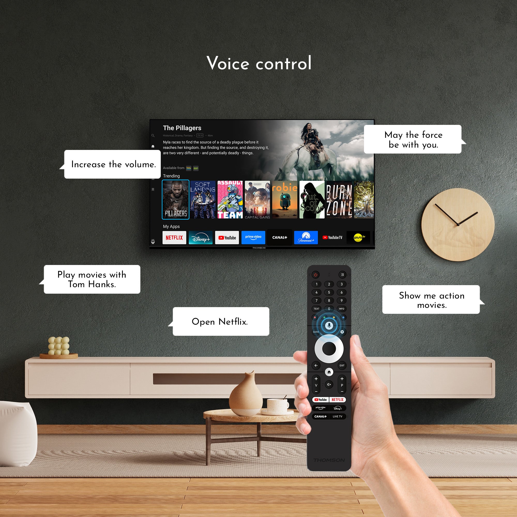Hand holding a remote control with TV displaying movie options in a living room setting.