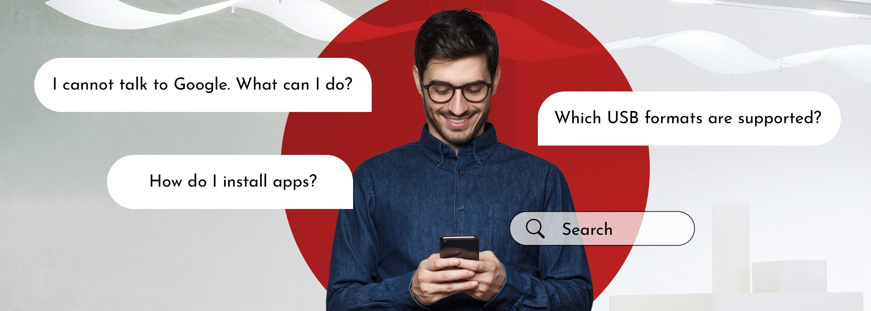 Man using a smartphone with text bubbles asking questions about Google and USB formats, on a gray and red background.